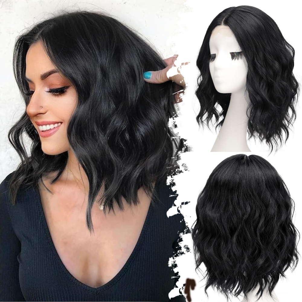 Black Short Wavy Bob‎ Wig 14" • Lace Front Natural Hairline • Heat-Resistant